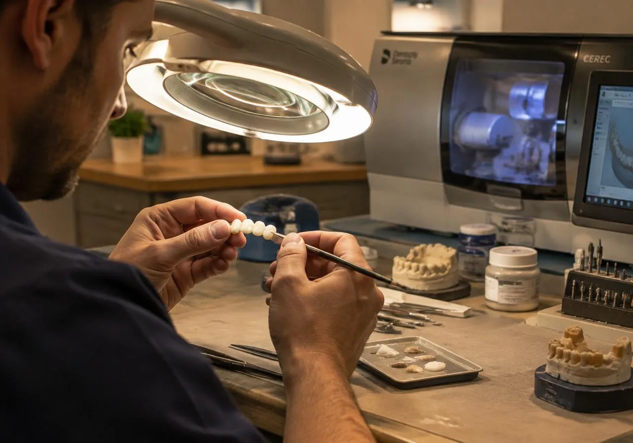 Técnico trabajando una prótesis bajo la lupa en el laboratorio